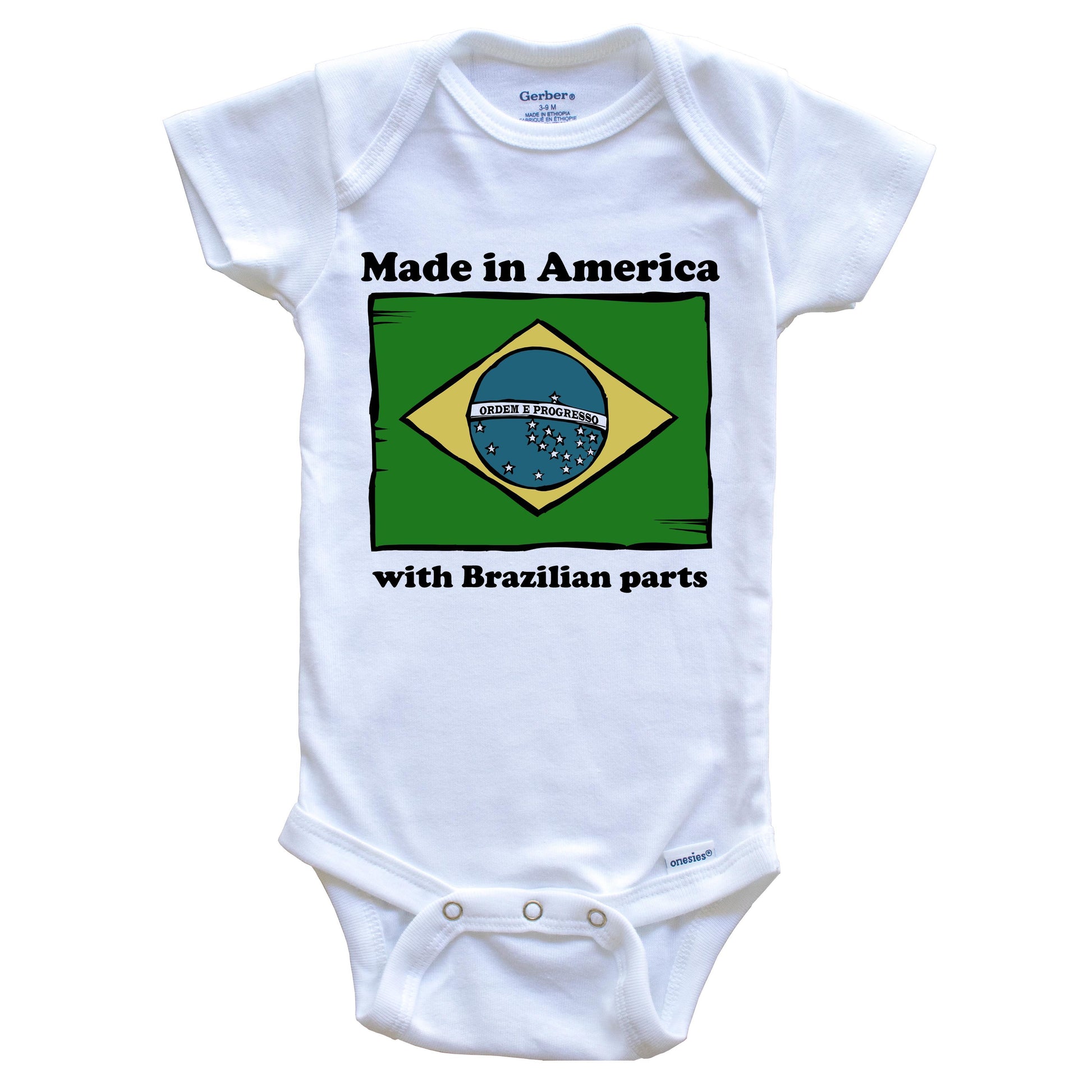 Made In America With Brazilian Parts Funny Brazil Flag Baby Onesie