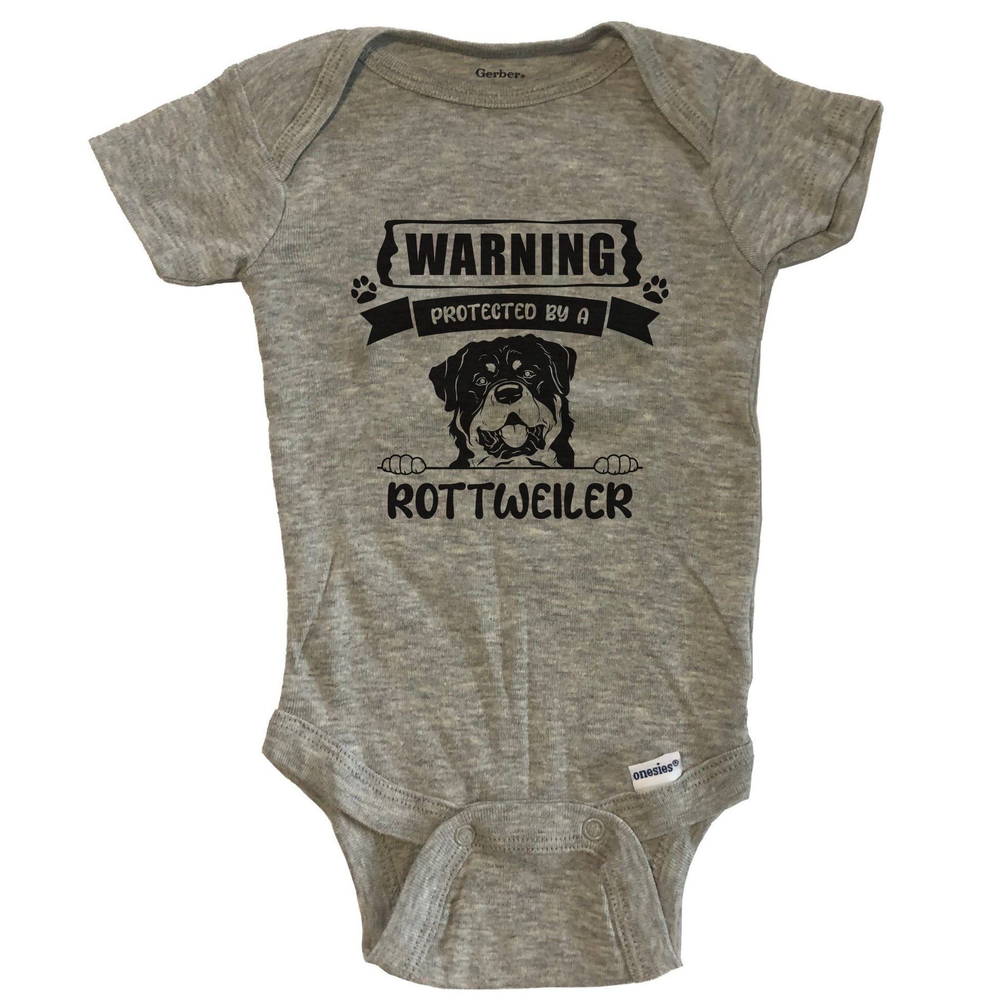 Warning Protected By A Rottweiler Funny Cute Dog Breed Baby Bodysuit - Grey