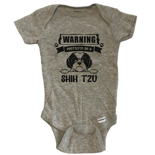 Warning Protected By A Shih Tzu Funny Cute Dog Breed Baby Bodysuit - Grey