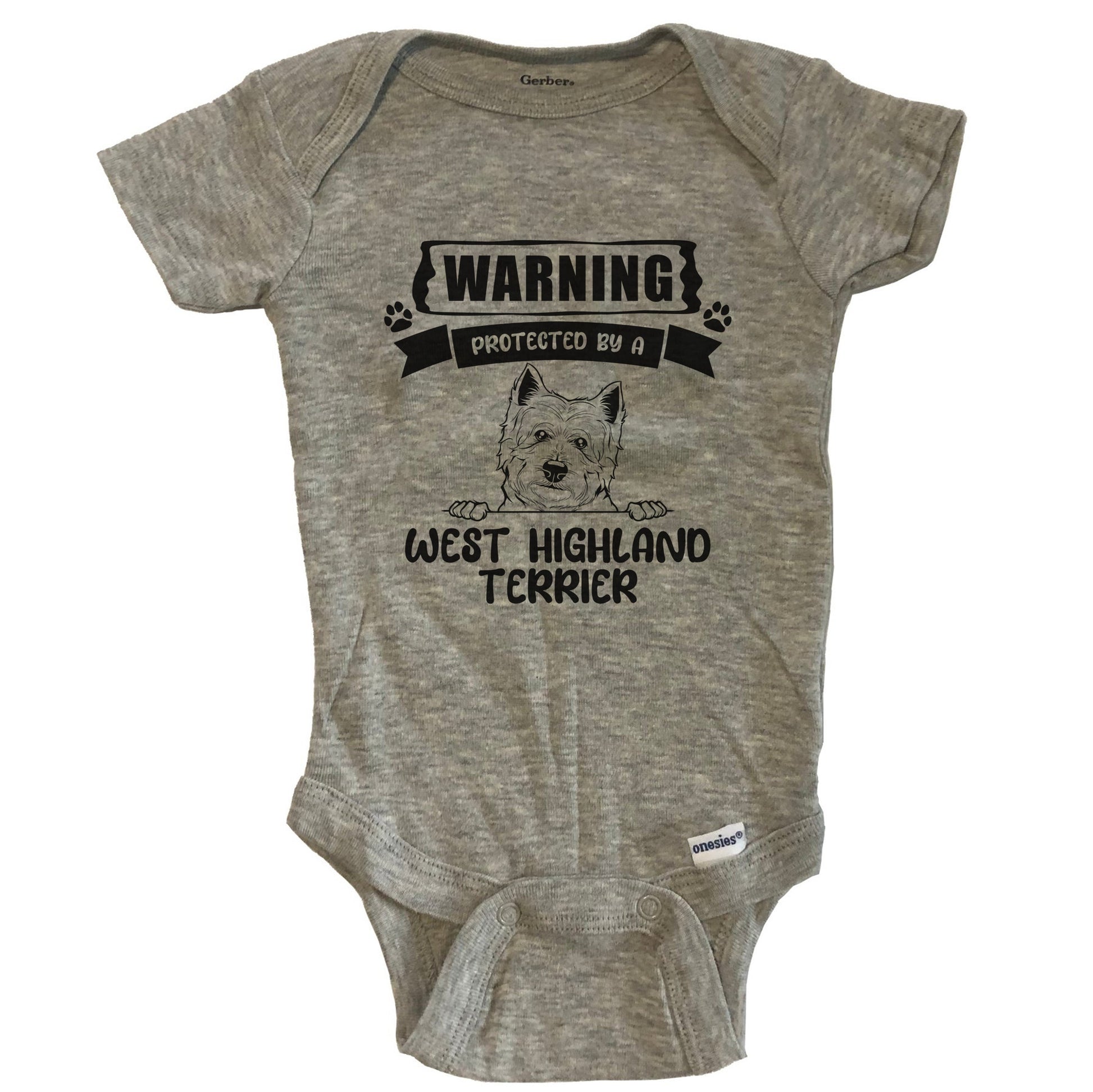 Warning Protected By A West Highland Terrier Funny Cute Dog Breed Baby Bodysuit - Grey