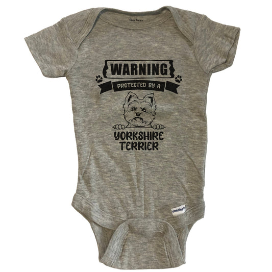 Warning Protected By A Yorkshire Terrier Funny Cute Dog Breed Baby Bodysuit - Grey