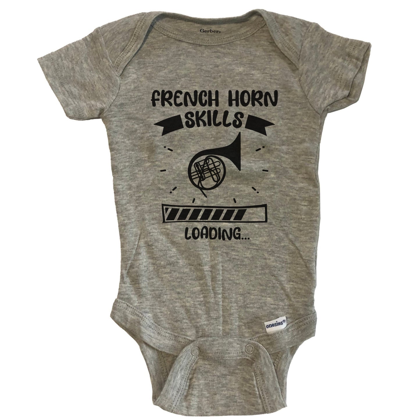 French Horn Skills Loading Funny French Horn Baby Bodysuit - Grey