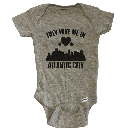 They Love Me In Atlantic City New Jersey Hearts Skyline One Piece Baby Bodysuit - Grey