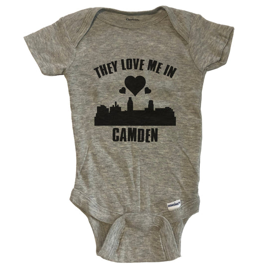 They Love Me In Camden New Jersey Hearts Skyline One Piece Baby Bodysuit - Grey