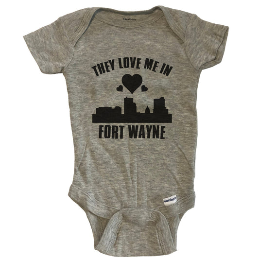 They Love Me In Fort Wayne Indiana Hearts Skyline One Piece Baby Bodysuit - Grey