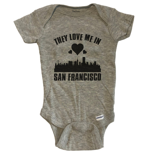 They Love Me In San Francisco California Hearts Skyline One Piece Baby Bodysuit - Grey