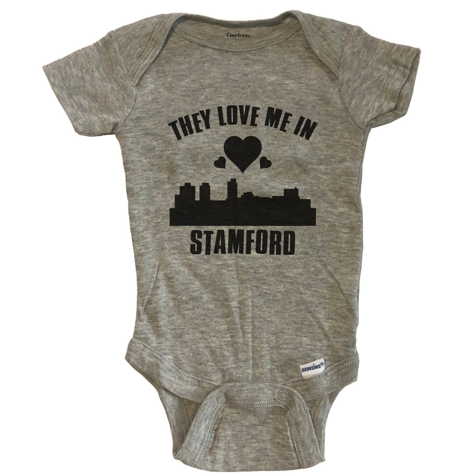 They Love Me In Stamford Connecticut Hearts Skyline One Piece Baby Bodysuit - Grey