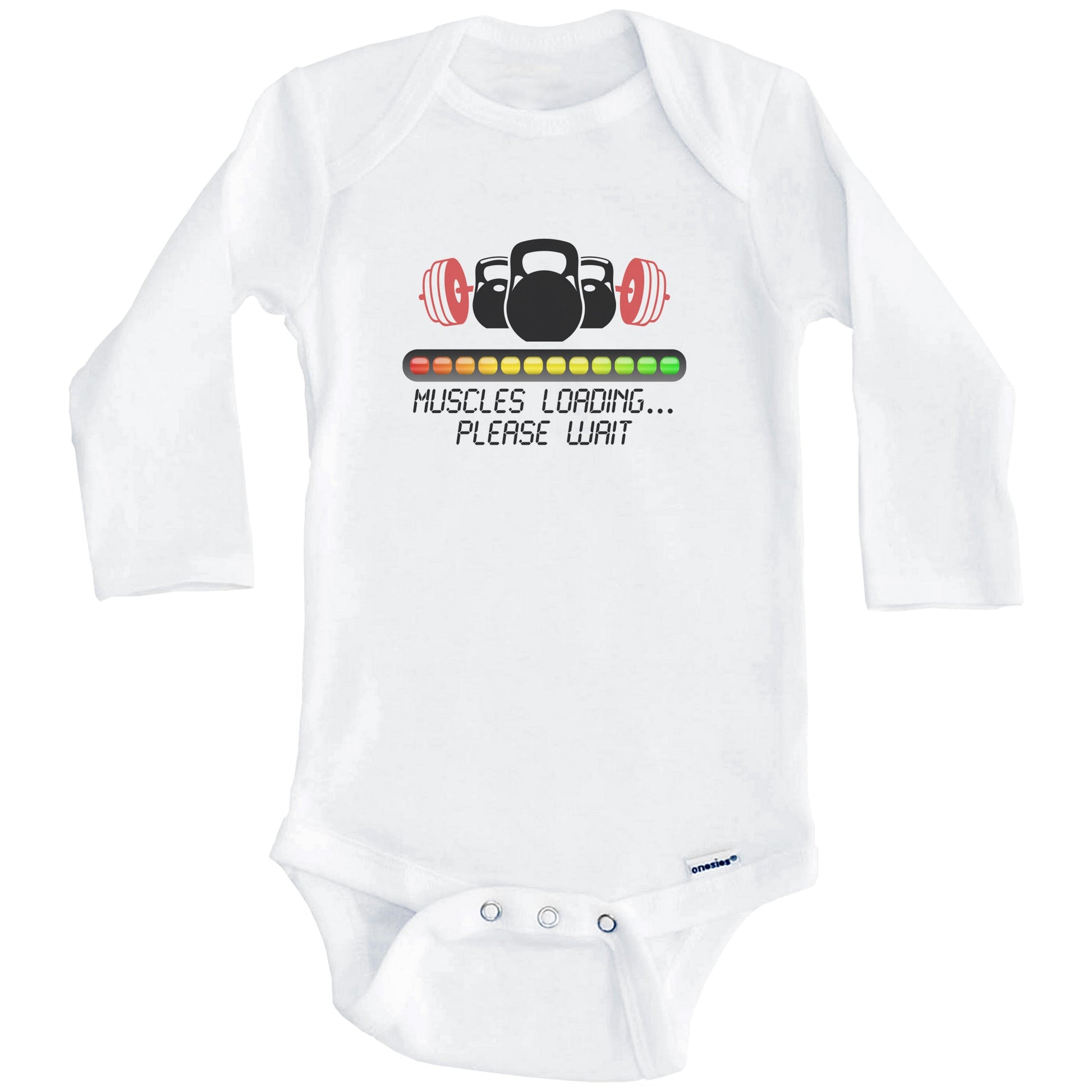 Muscles Loading Please Wait Funny Weightlifting Baby Onesie (Long Sleeves)