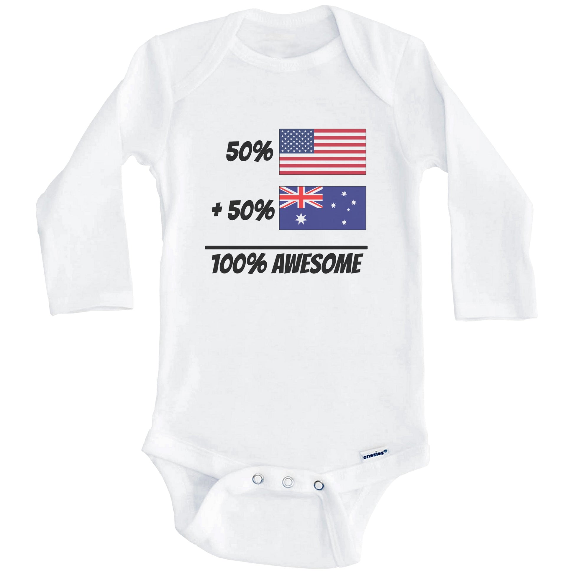 50% American Plus 50% Australian Equals 100% Awesome Cute Australia Flag Baby Onesie (Long Sleeves)