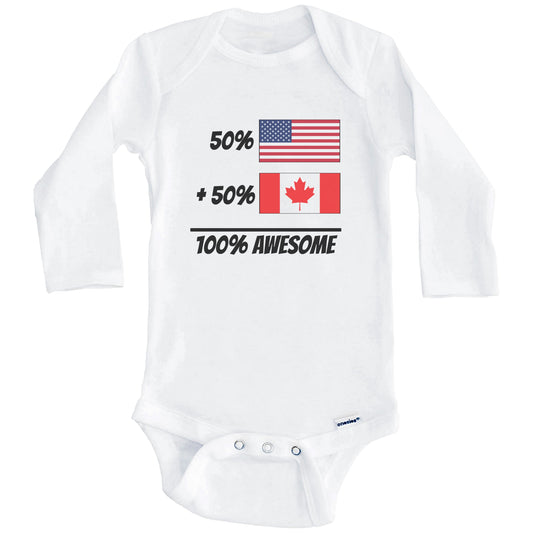 50% American Plus 50% Canadian Equals 100% Awesome Cute Canada Flag Baby Onesie (Long Sleeves)