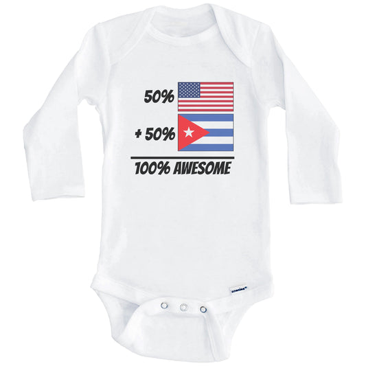 50% American Plus 50% Cuban Equals 100% Awesome Cute Cuba Flag Baby Onesie (Long Sleeves)