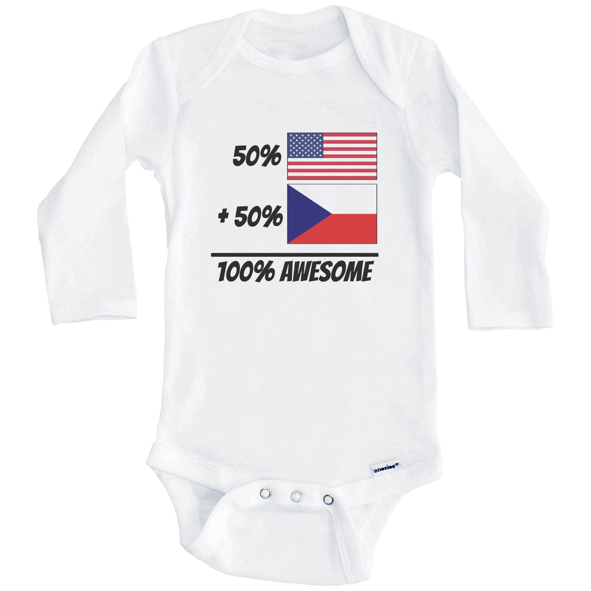 50% American Plus 50% Czech Equals 100% Awesome Cute Czech Republic Flag Baby Onesie (Long Sleeves)