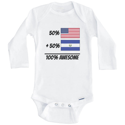 50% American Plus 50% Salvadoran Equals 100% Awesome Cute El Salvador Flag Baby Onesie (Long Sleeves)
