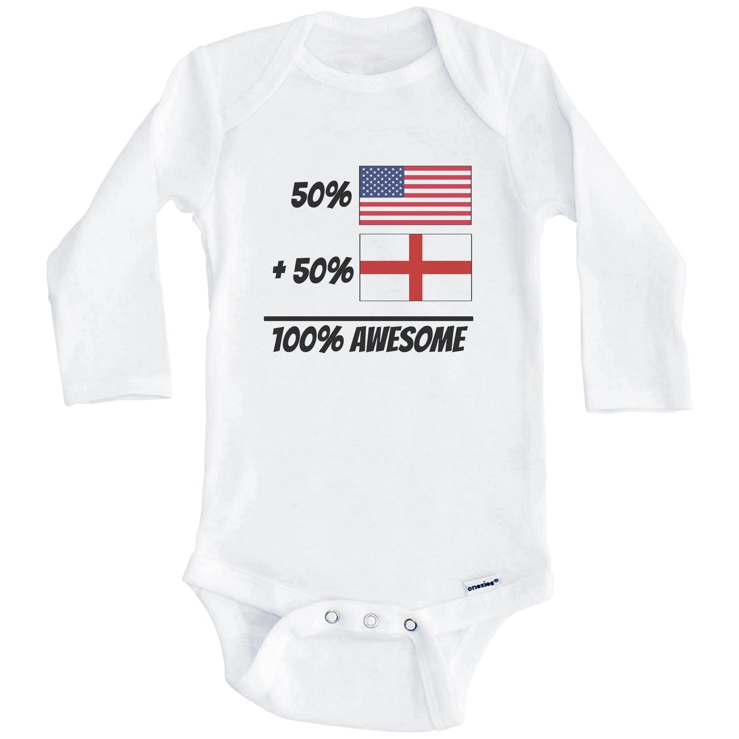 50% American Plus 50% English Equals 100% Awesome Cute England Flag Baby Onesie (Long Sleeves)