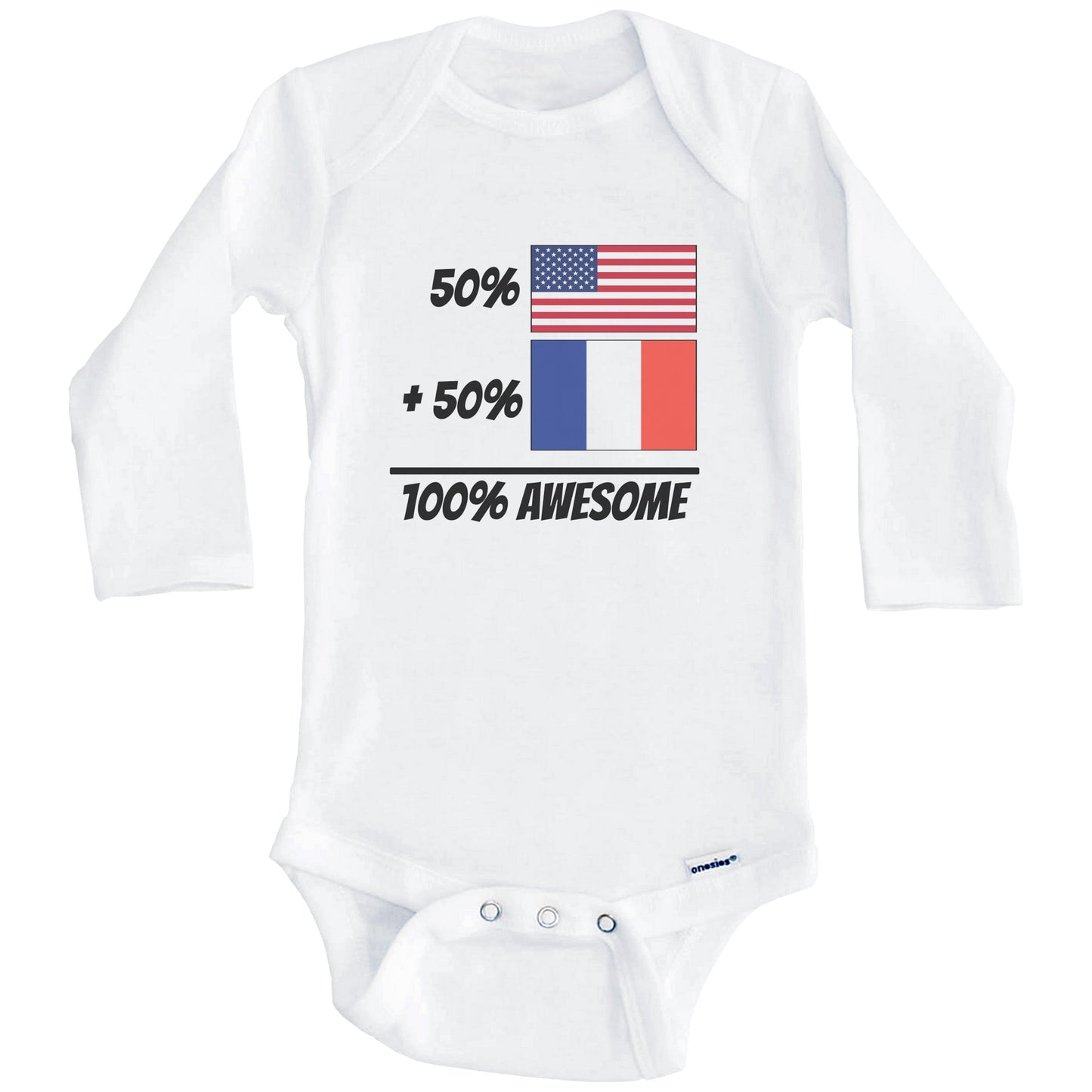 50% American Plus 50% French Equals 100% Awesome Cute France Flag Baby Onesie (Long Sleeves)