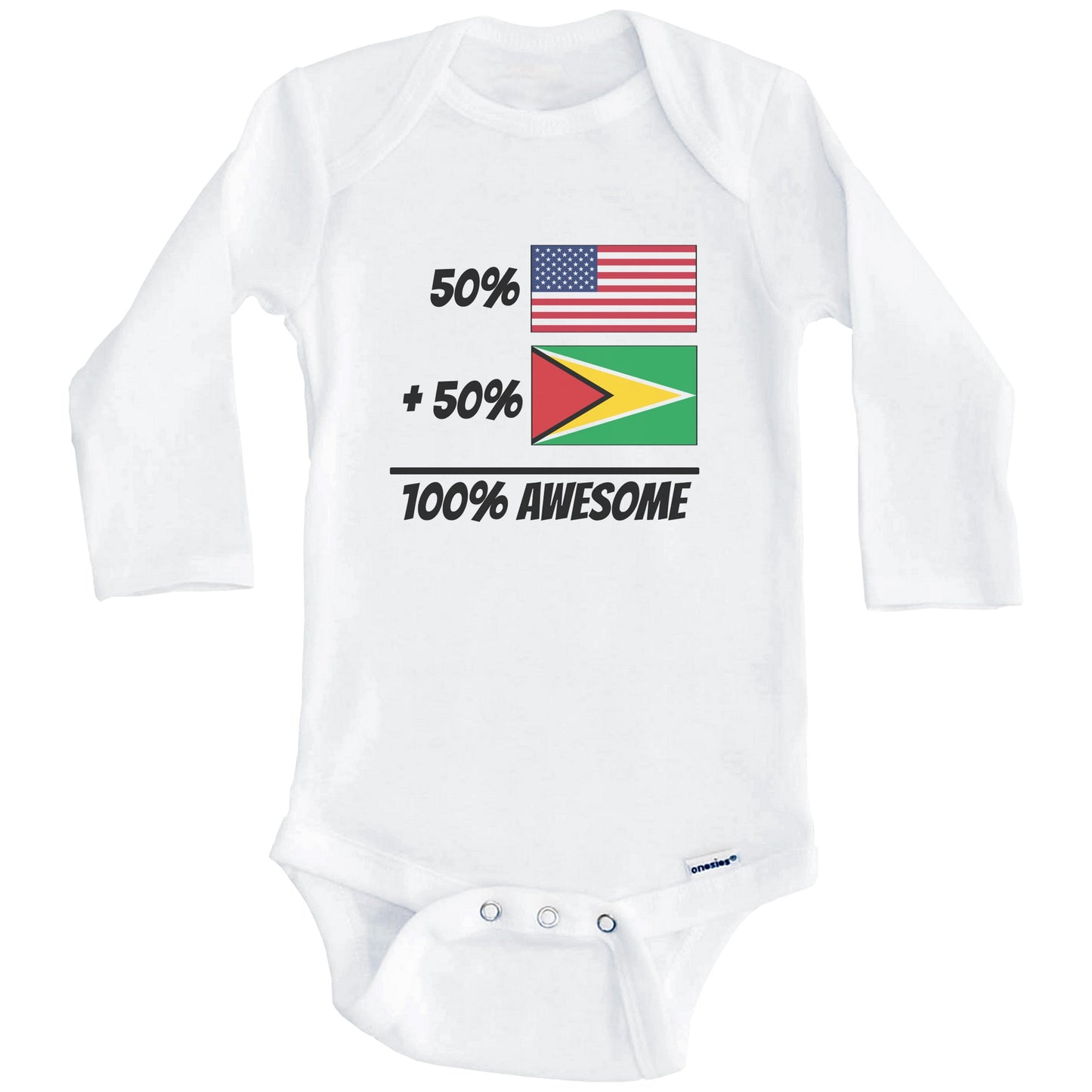 50% American Plus 50% Guyanese Equals 100% Awesome Cute Guyana Flag Baby Onesie (Long Sleeves)