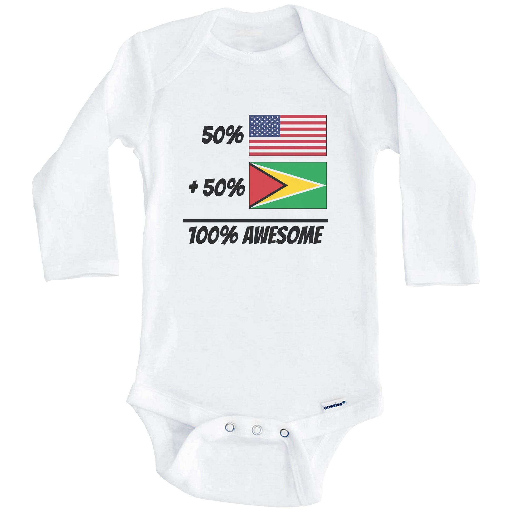 50% American Plus 50% Guyanese Equals 100% Awesome Cute Guyana Flag Baby Onesie (Long Sleeves)