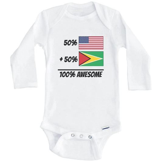 50% American Plus 50% Guyanese Equals 100% Awesome Cute Guyana Flag Baby Onesie (Long Sleeves)