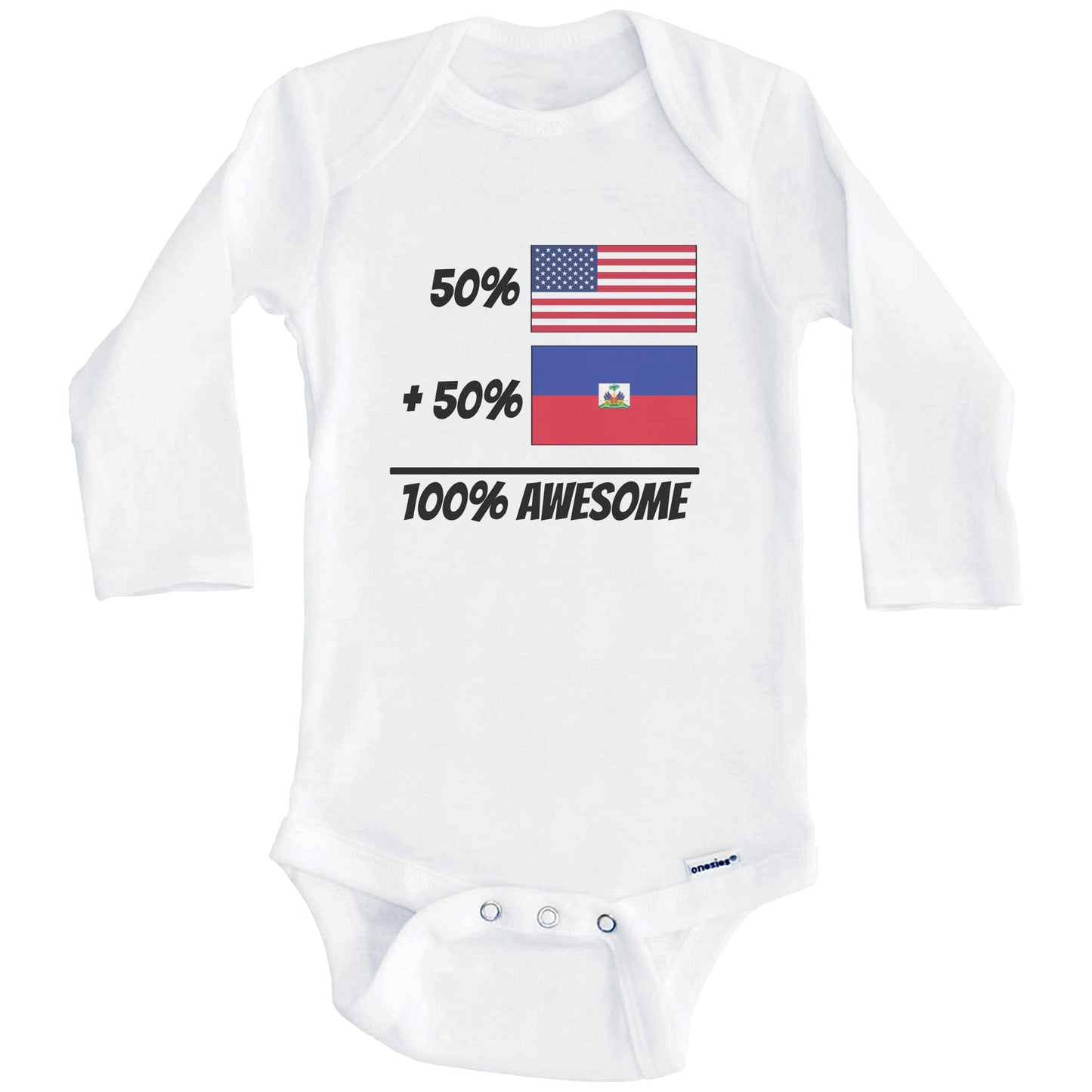 50% American Plus 50% Haitian Equals 100% Awesome Cute Haiti Flag Baby Onesie (Long Sleeves)