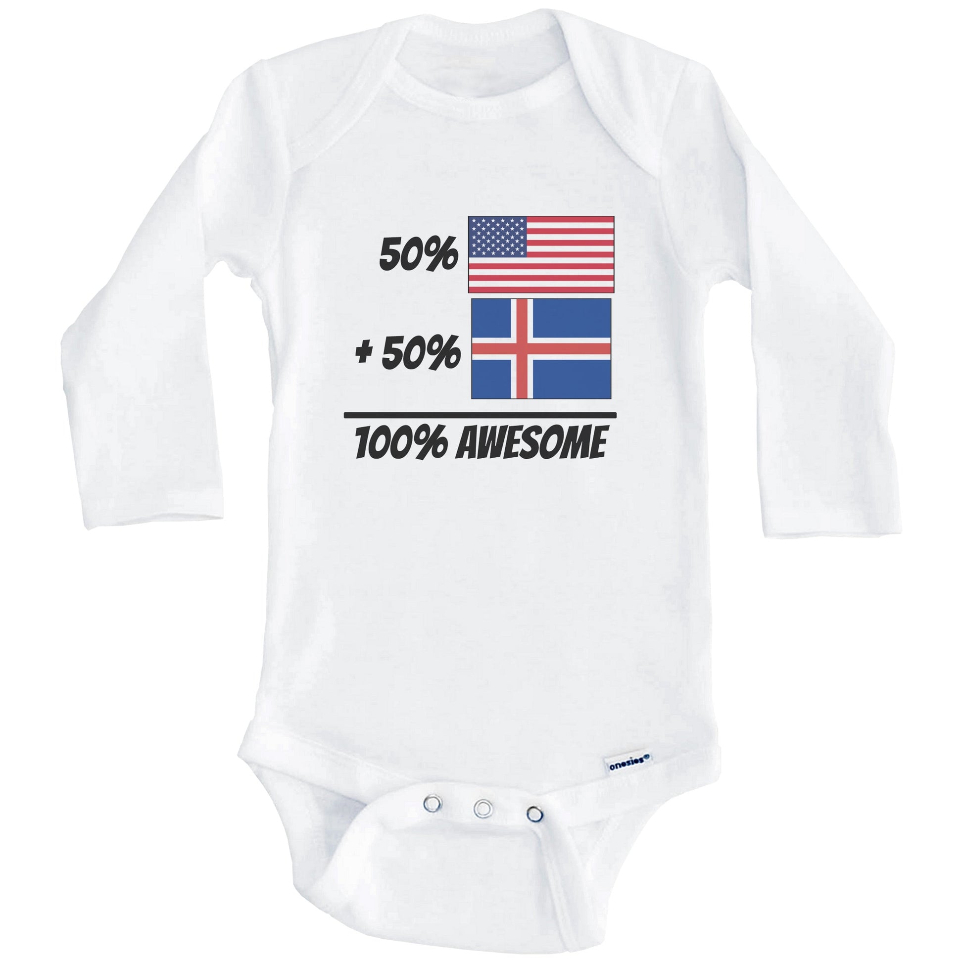 50% American Plus 50% Icelandic Equals 100% Awesome Cute Iceland Flag Baby Onesie (Long Sleeves)