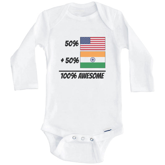 50% American Plus 50% Indian Equals 100% Awesome Cute India Flag Baby Onesie (Long Sleeves)