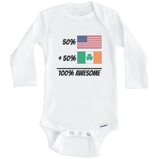 50% American Plus 50% Irish Equals 100% Awesome Cute Ireland Flag Baby Onesie (Long Sleeves)