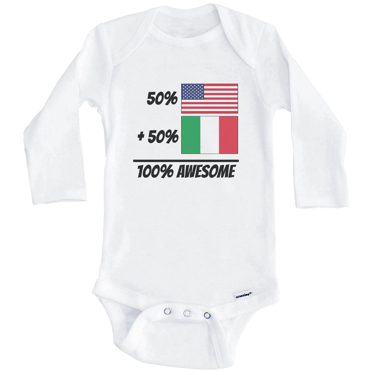 50% American Plus 50% Italian Equals 100% Awesome Cute Italy Flag Baby Onesie (Long Sleeves)