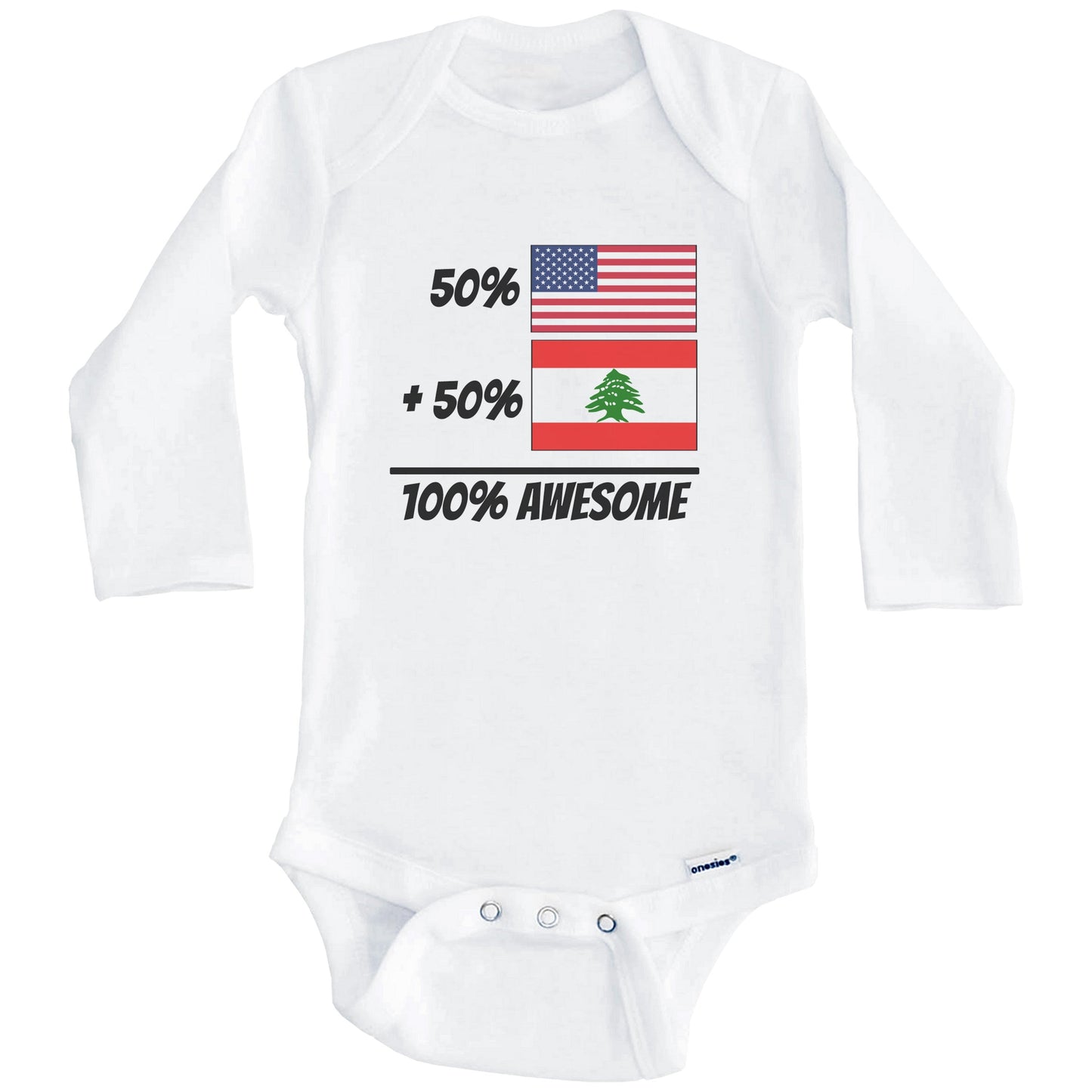 50% American Plus 50% Lebanese Equals 100% Awesome Cute Lebanon Flag Baby Onesie (Long Sleeves)