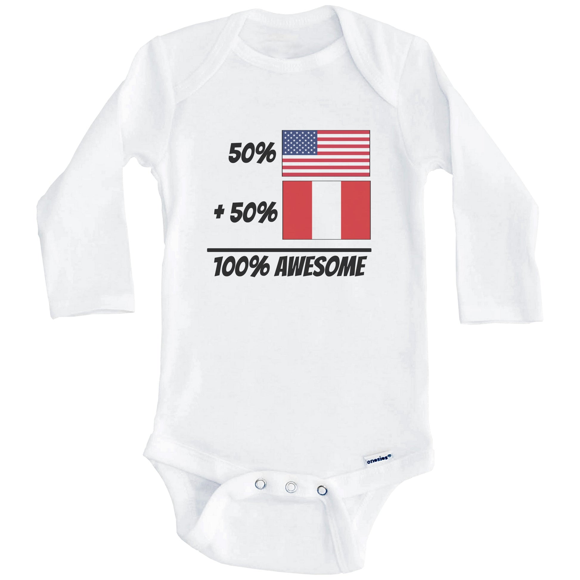 50% American Plus 50% Peruvian Equals 100% Awesome Cute Peru Flag Baby Onesie (Long Sleeves)
