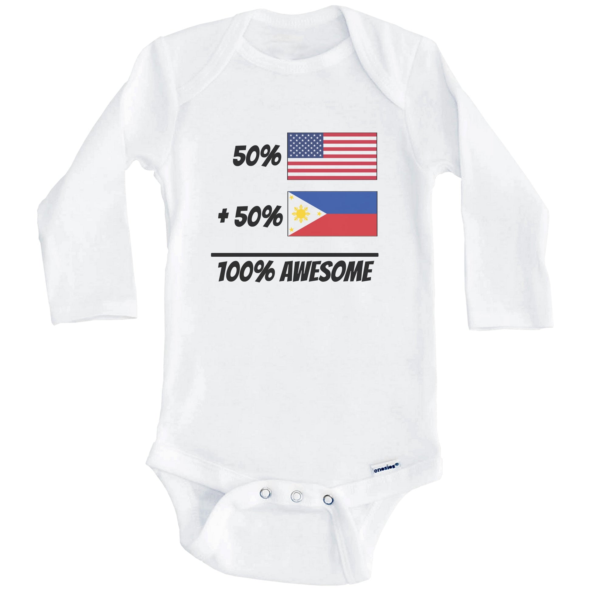 50% American Plus 50% Filipino Equals 100% Awesome Cute Philippines Flag Baby Onesie (Long Sleeves)