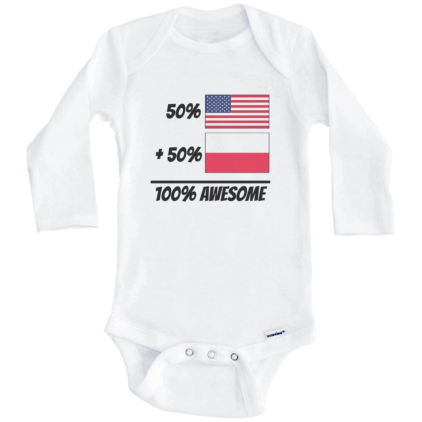 50% American Plus 50% Polish Equals 100% Awesome Cute Poland Flag Baby Onesie (Long Sleeves)