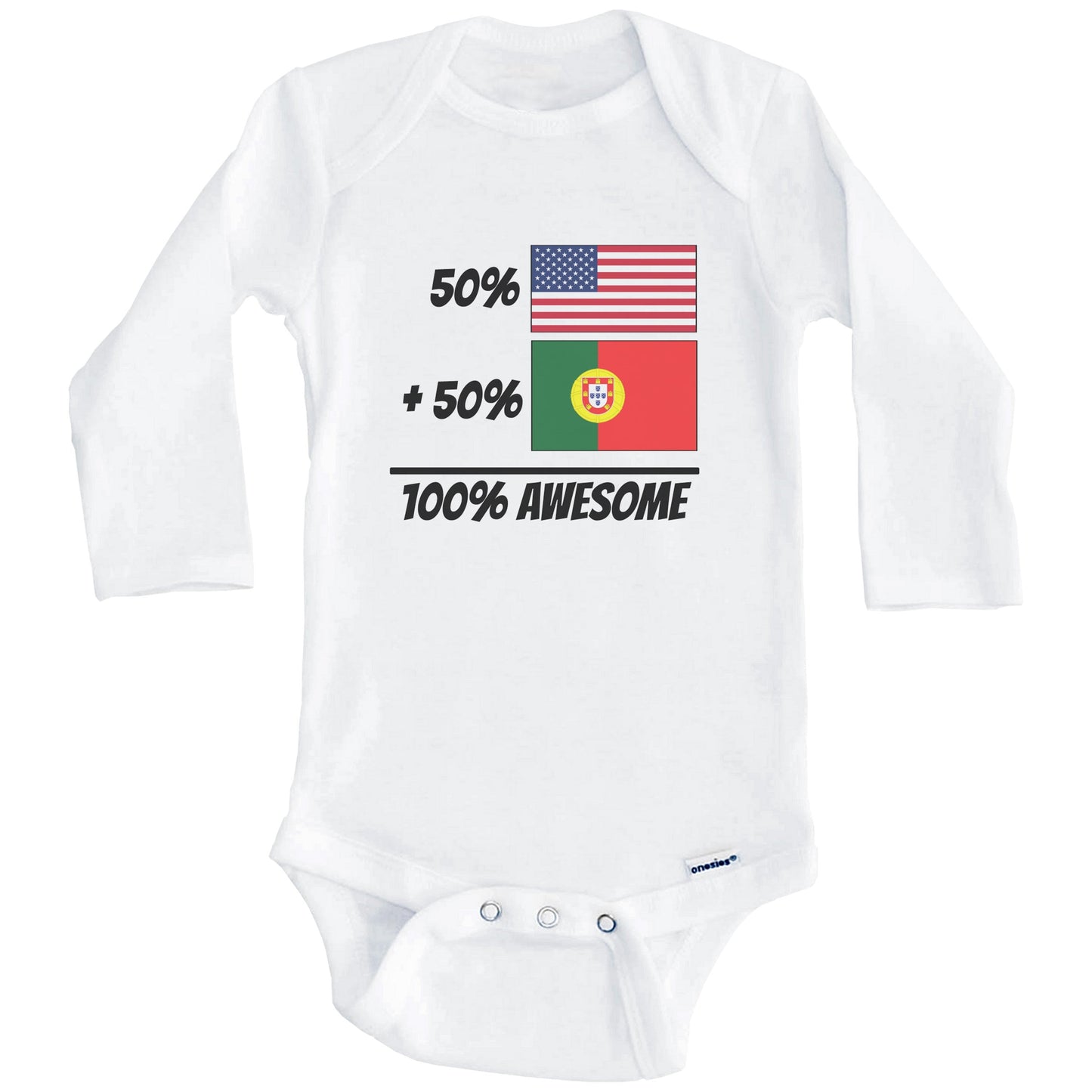 50% American Plus 50% Portuguese Equals 100% Awesome Cute Portugal Flag Baby Onesie (Long Sleeves)