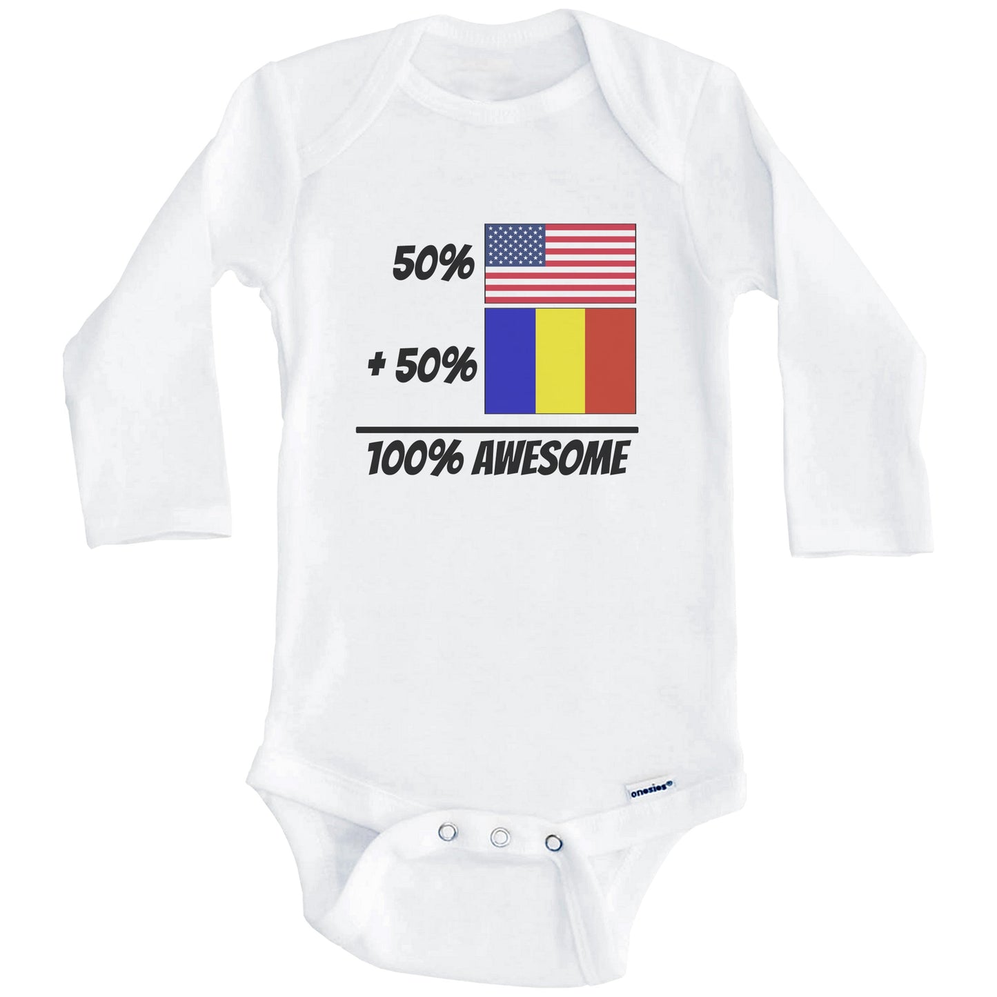 50% American Plus 50% Romanian Equals 100% Awesome Cute Romania Flag Baby Onesie (Long Sleeves)