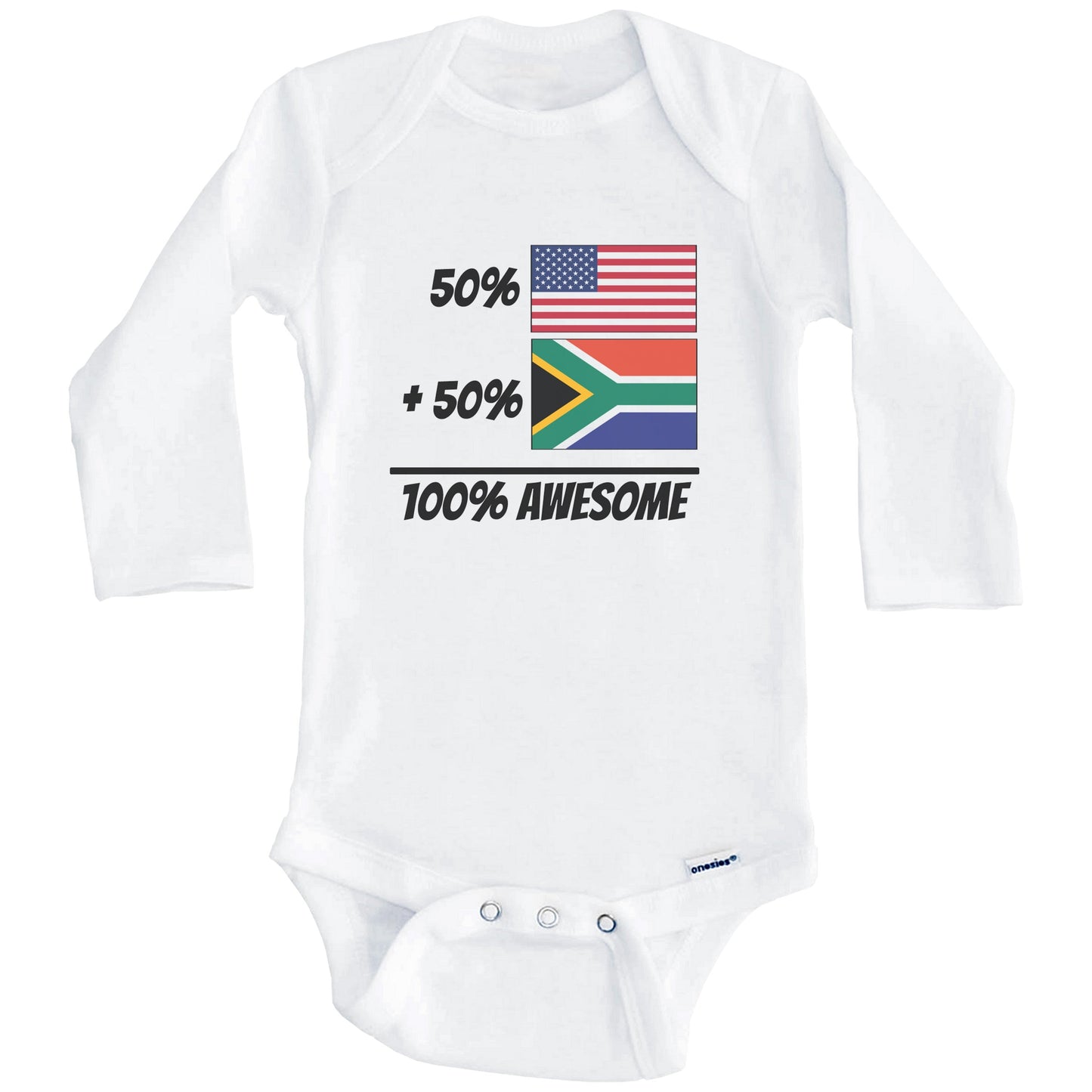 50% American Plus 50% South African Equals 100% Awesome Cute South Africa Flag Baby Onesie (Long Sleeves)