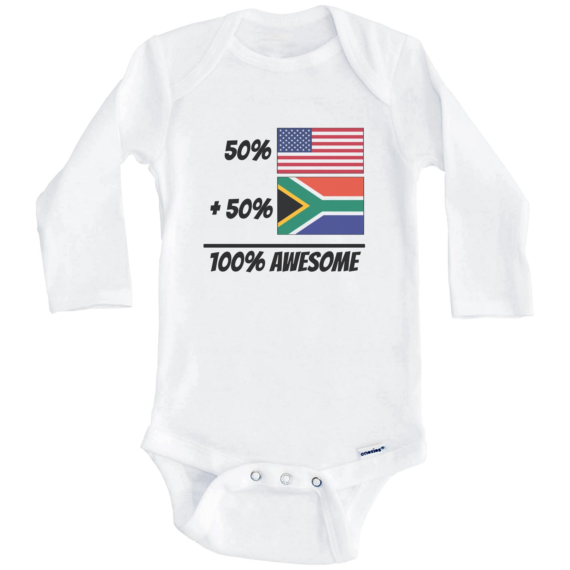 50% American Plus 50% South African Equals 100% Awesome Cute South Africa Flag Baby Onesie (Long Sleeves)