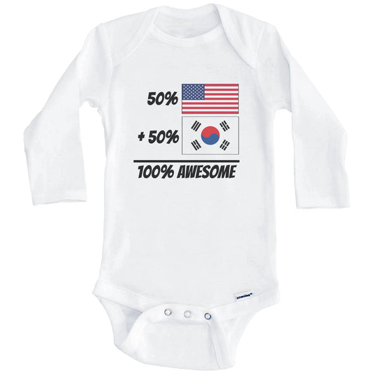 50% American Plus 50% Korean Equals 100% Awesome Cute South Korea Flag Baby Onesie (Long Sleeves)