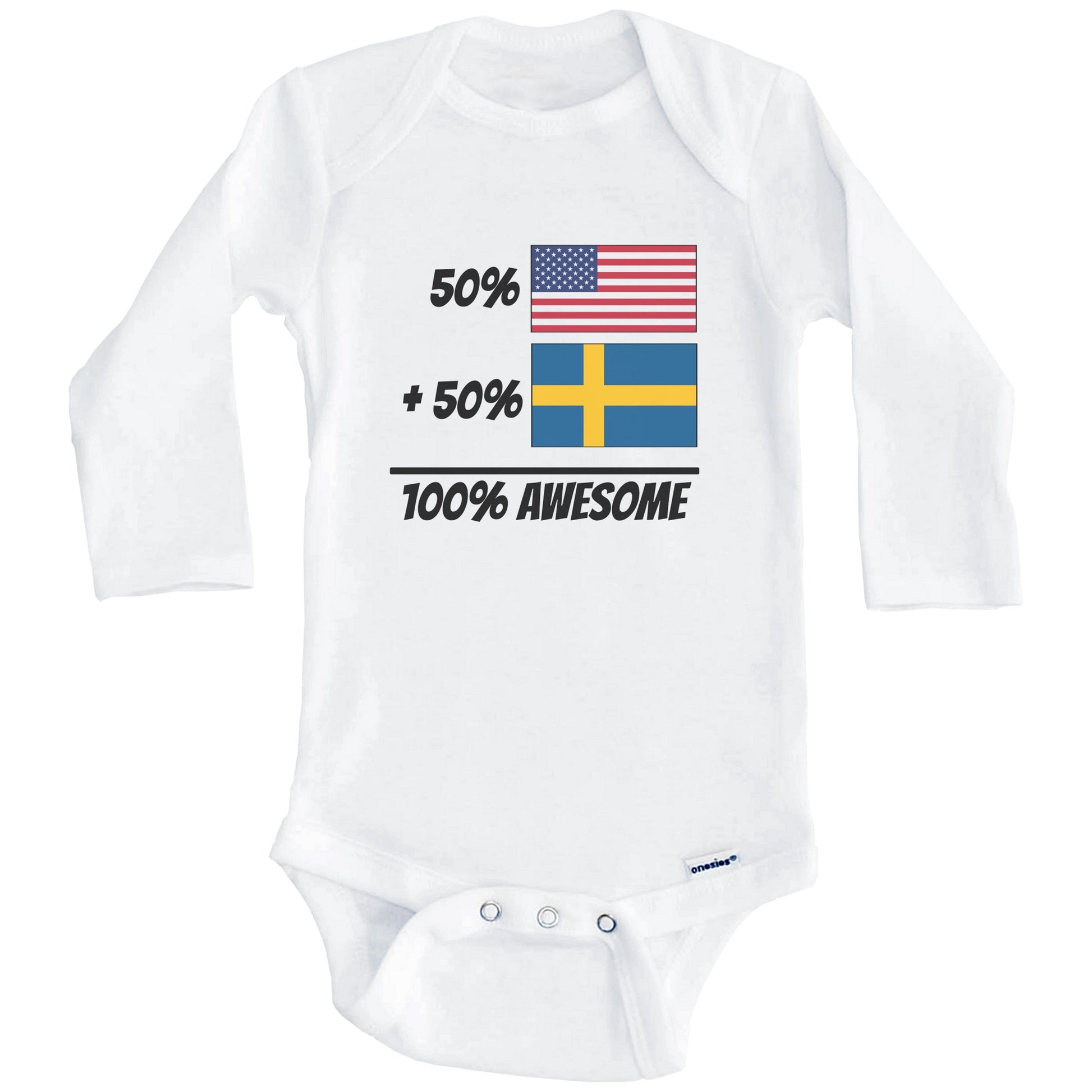 50% American Plus 50% Swedish Equals 100% Awesome Cute Sweden Flag Baby Onesie (Long Sleeves)