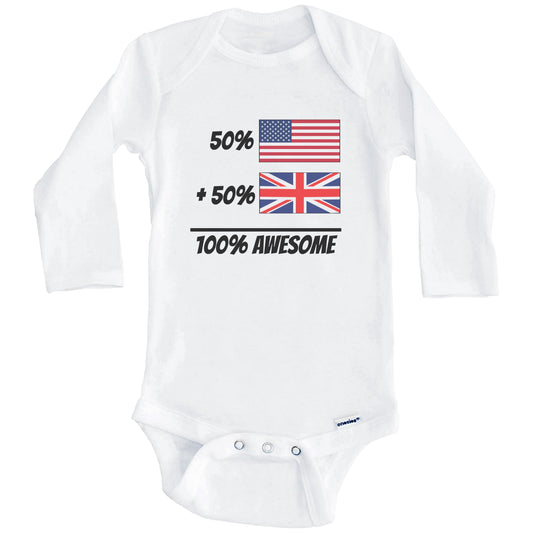 50% American Plus 50% British Equals 100% Awesome Cute United Kingdom Flag Baby Onesie (Long Sleeves)