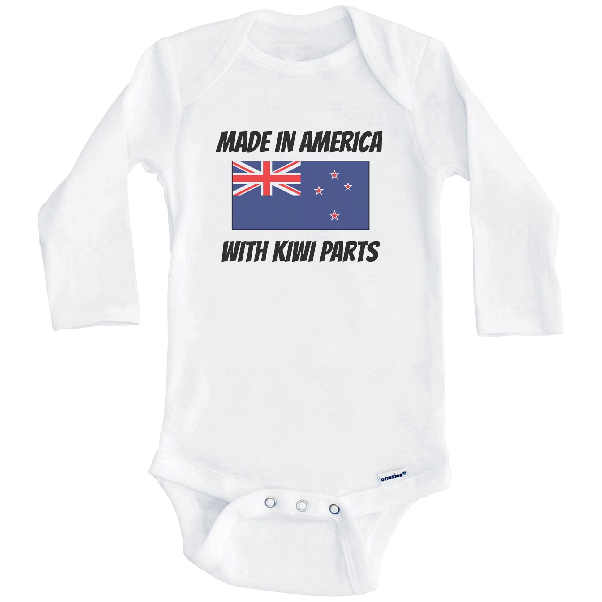 Made In America With Kiwi Parts New Zealand Flag Funny Baby Onesie (Long Sleeves)