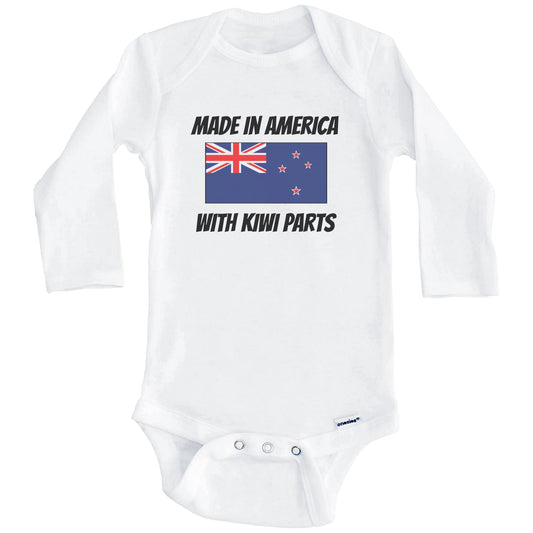 Made In America With Kiwi Parts New Zealand Flag Funny Baby Onesie (Long Sleeves)