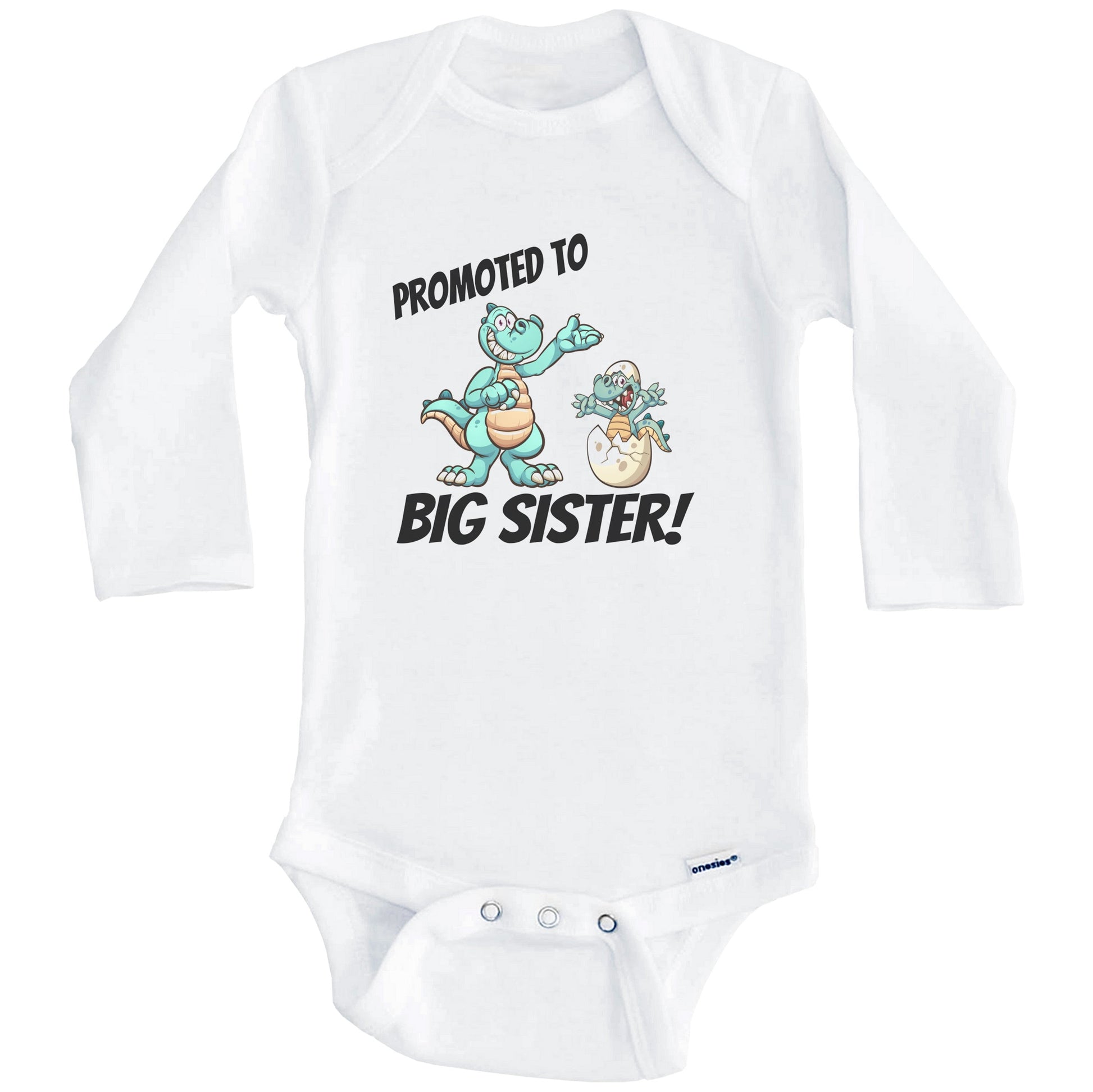 Promoted To Big Sister New Baby Announcement Dinosaur Onesie - One Piece Baby Bodysuit (Long Sleeves)