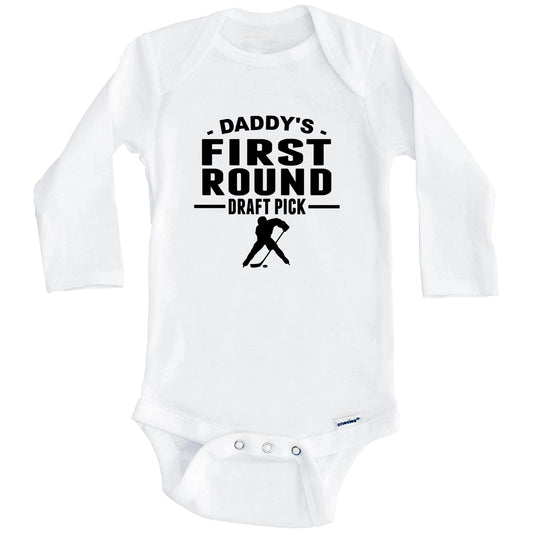 Hockey Onesie - Daddy's First Round Draft Pick Hockey Player First Child Baby Onesie (Long Sleeves)