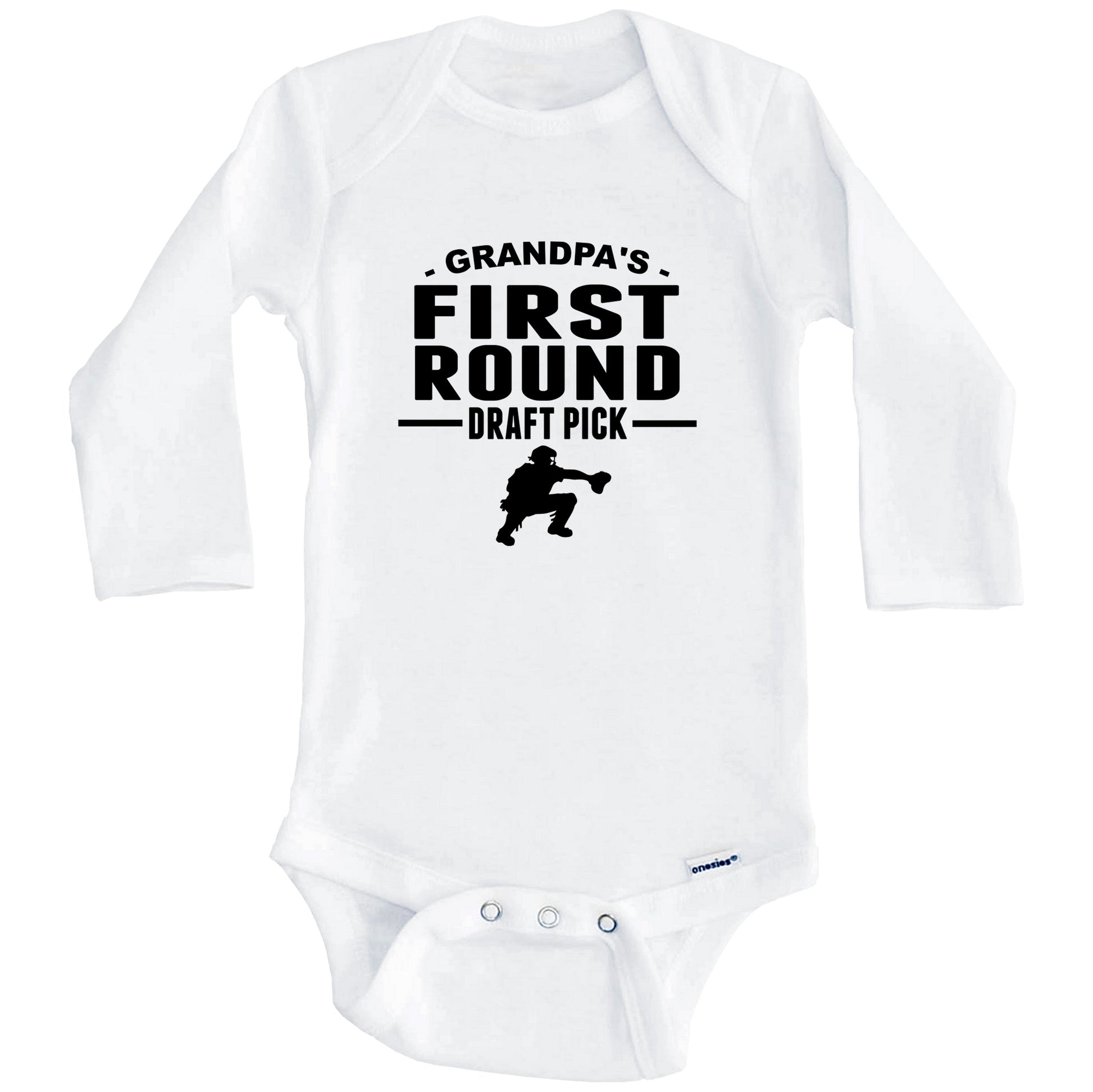 Baseball Onesie - Grandpa's First Round Draft Pick Catcher First Grandchild Baby Onesie (Long Sleeves)