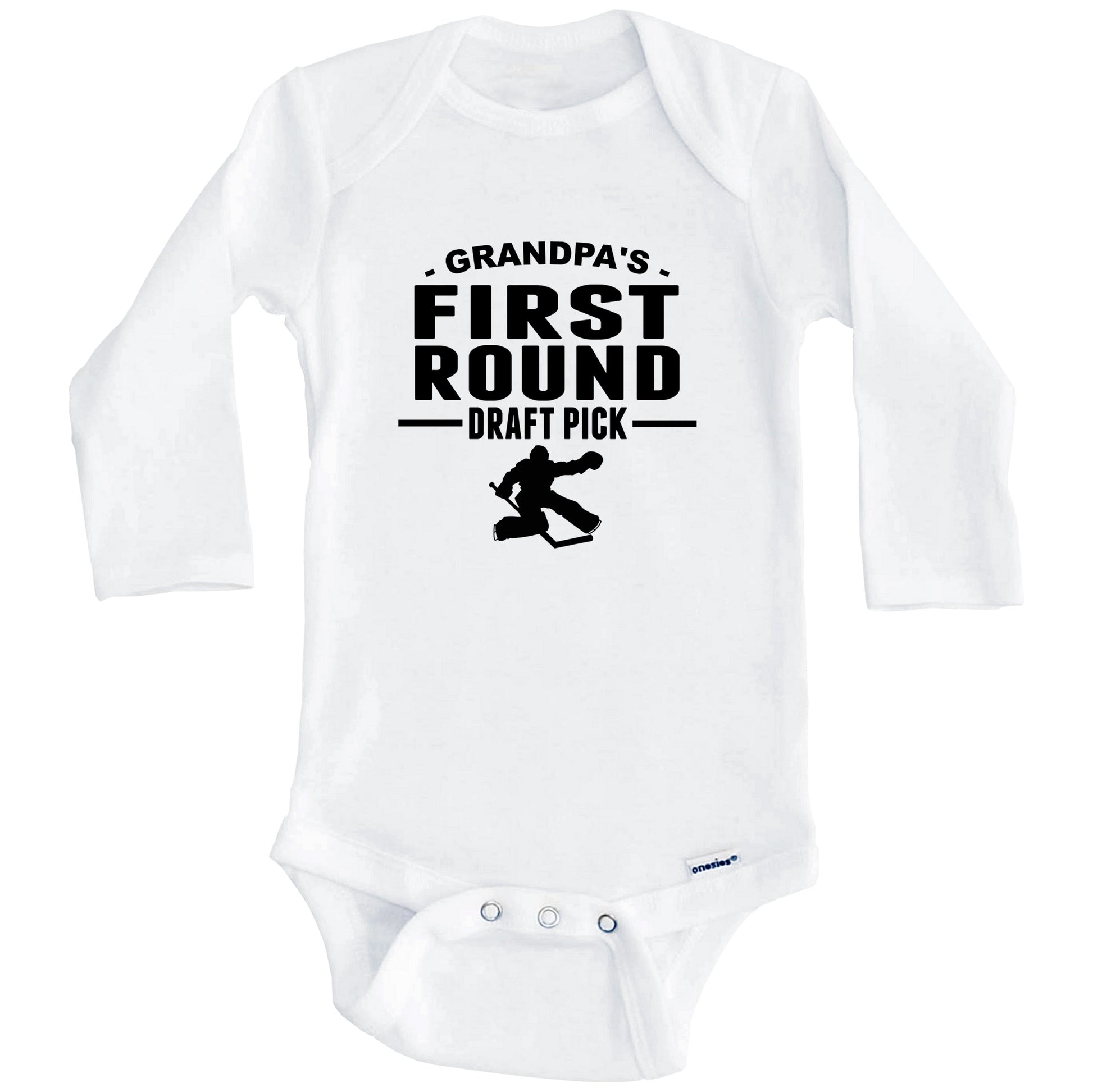 Hockey Onesie - Grandpa's First Round Draft Pick Goalie First Grandchild Baby Onesie (Long Sleeves)