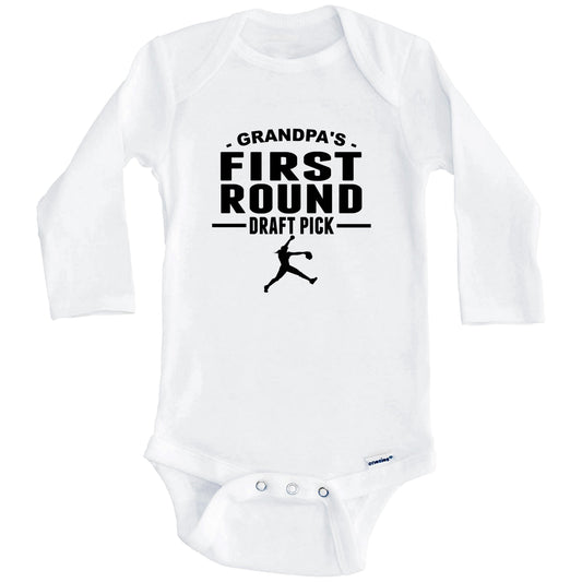 Softball Onesie - Grandpa's First Round Draft Pick Fast Pitch Pitcher First Grandchild Baby Onesie (Long Sleeves)
