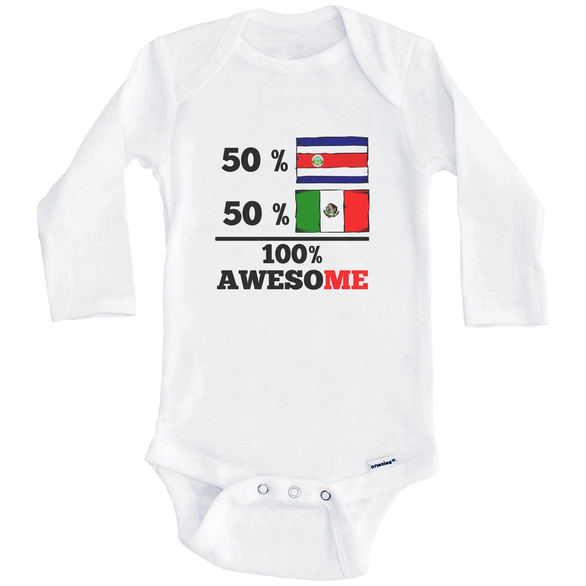 50% Costa Rican 50% Mexican 100% Awesome Costa Rica Mexico Flags Funny One Piece Baby Bodysuit (Long Sleeves)