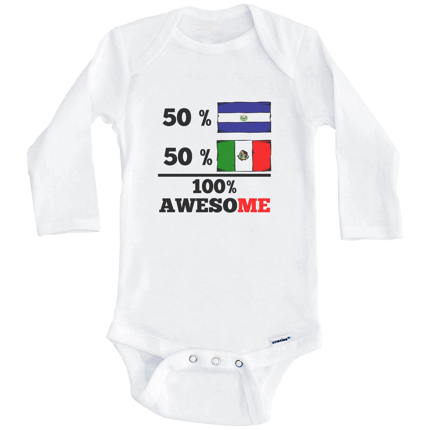 50% Salvadorian 50% Mexican 100% Awesome El Salvador Mexico Flags Funny One Piece Baby Bodysuit (Long Sleeves)