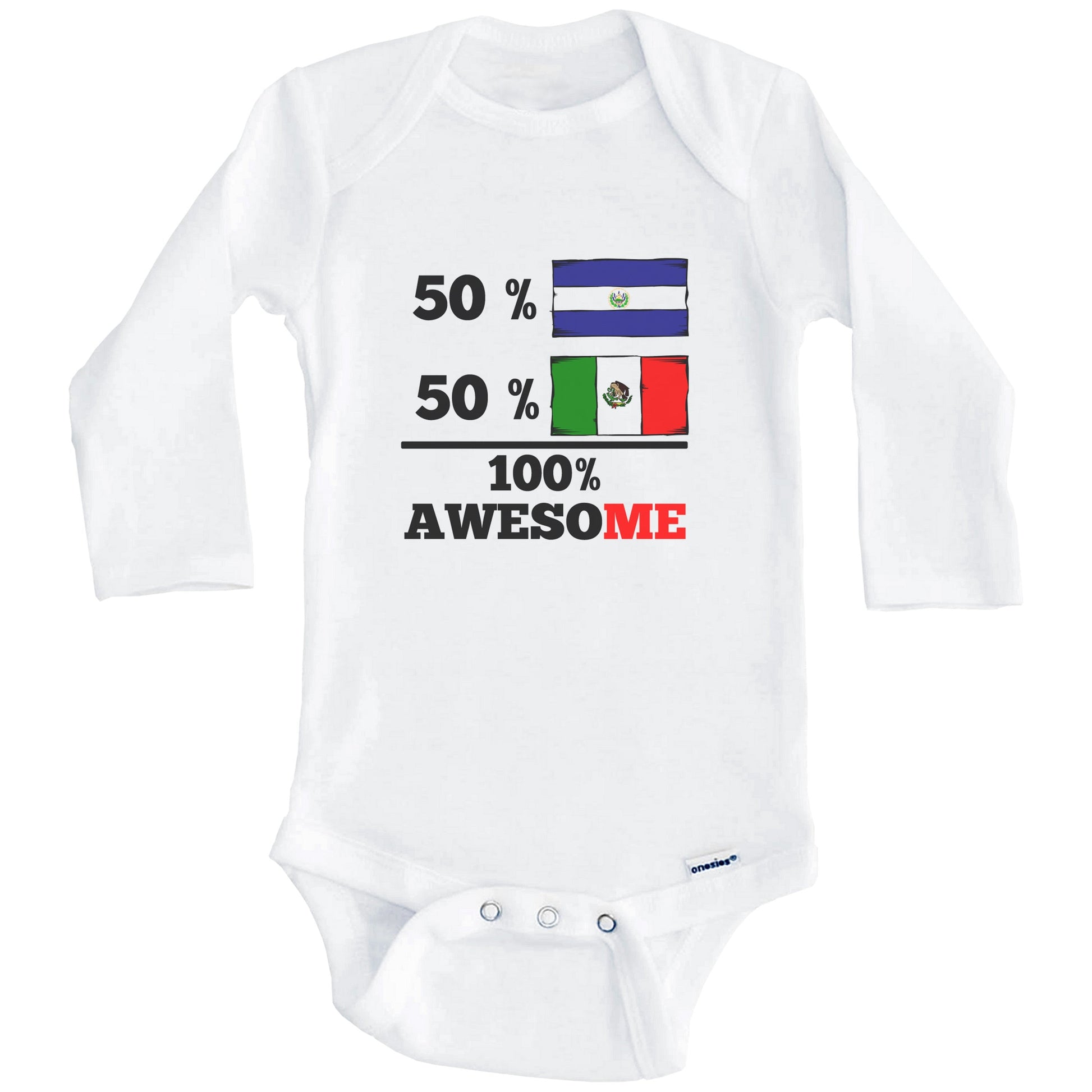 50% Salvadorian 50% Mexican 100% Awesome El Salvador Mexico Flags Funny One Piece Baby Bodysuit (Long Sleeves)