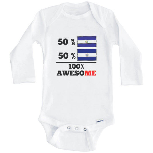50% Salvadorian 50% Nicaraguan 100% Awesome El Salvador Nicaragua Flags Funny One Piece Baby Bodysuit (Long Sleeves)