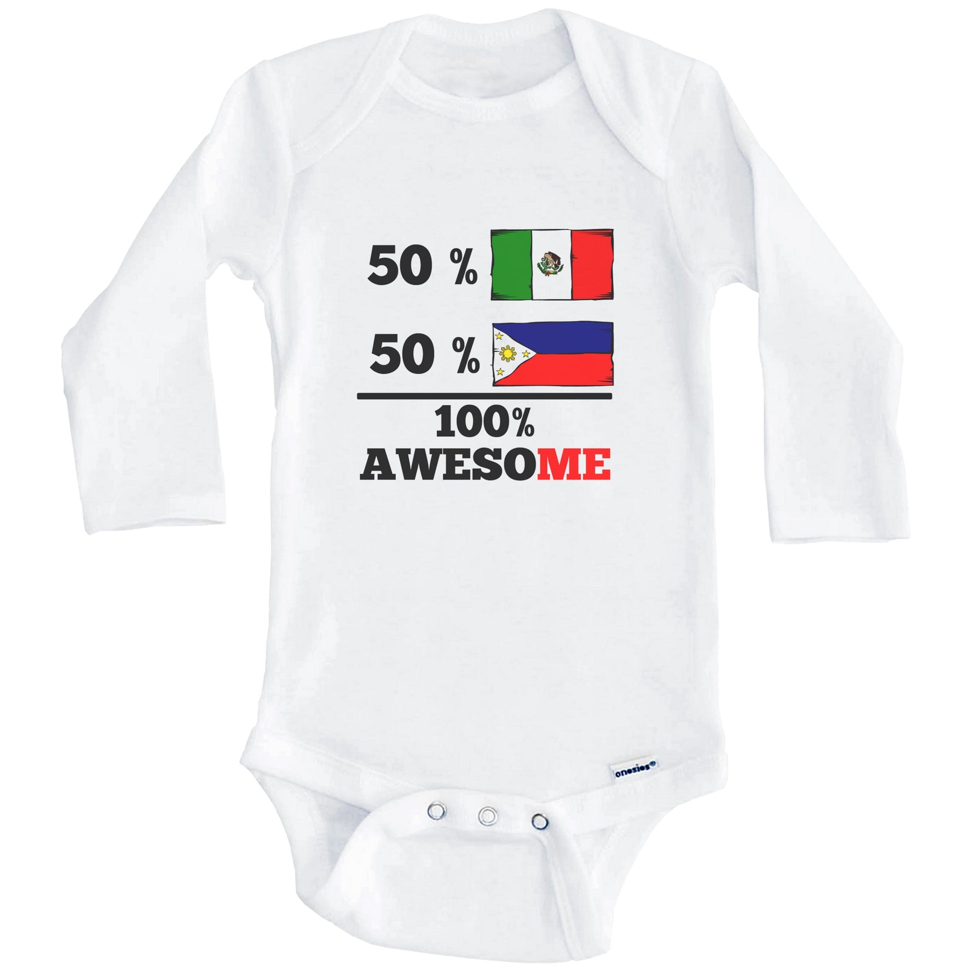 50% Mexican 50% Filipino 100% Awesome Mexico Philippines Flags Funny One Piece Baby Bodysuit (Long Sleeves)